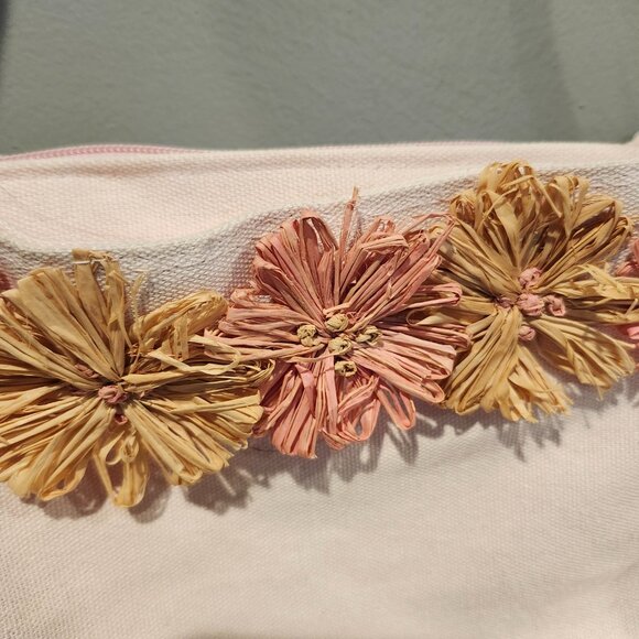 Vintage Purse Woven Rattan Sides Bottom Rattan Straw Flowers Pink Cotton... - Picture 3 of 6